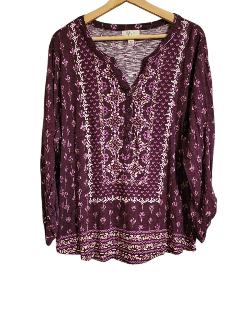 Style & Co Purple Boho Patterned Henley Top
